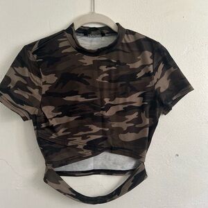 SHEIN Brown Camo Cut-Out Crop Top